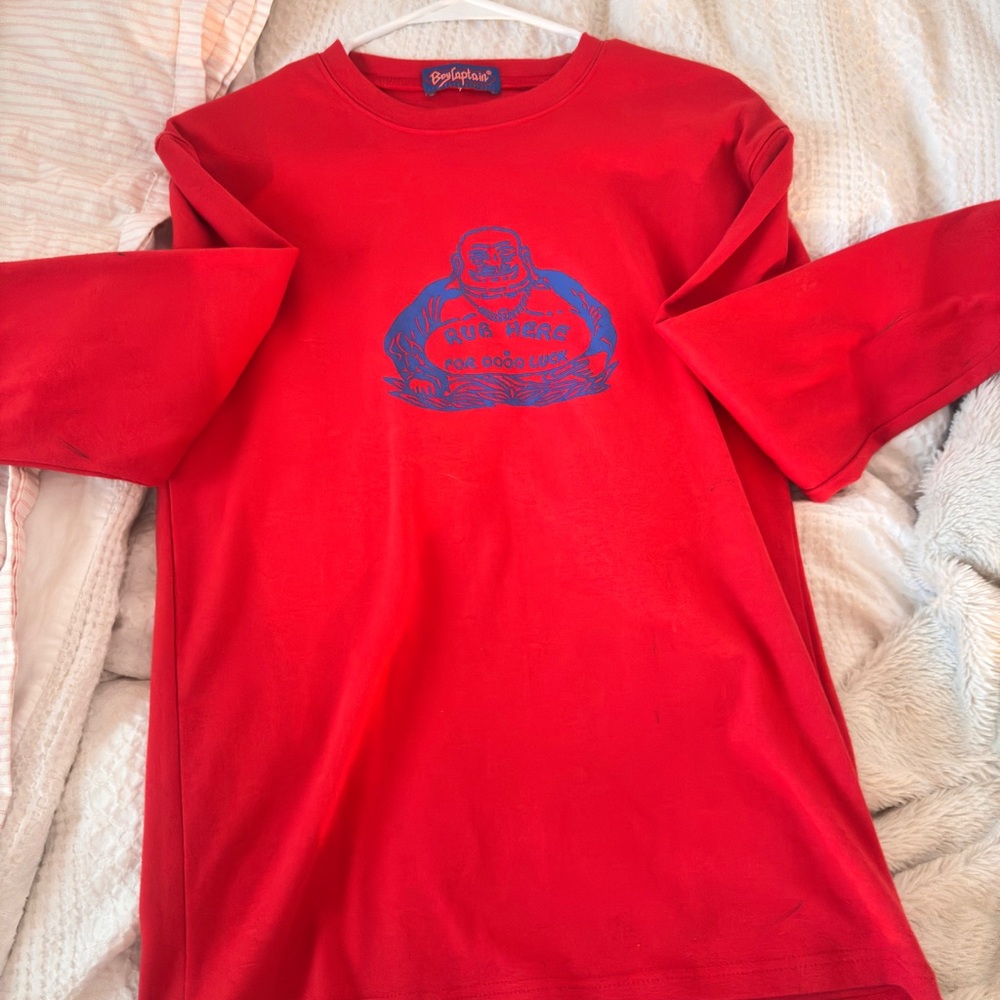 funny red boudha rub here red long sleeve